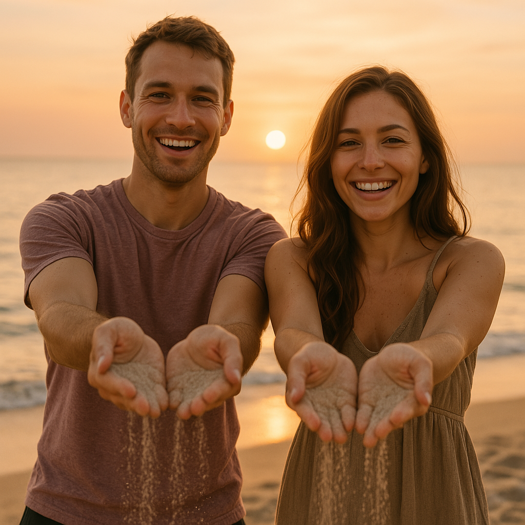 Suffizienz 1, Zwei junge Menschen stehen am Strand und lassen Sand durch ihre Finger laufen