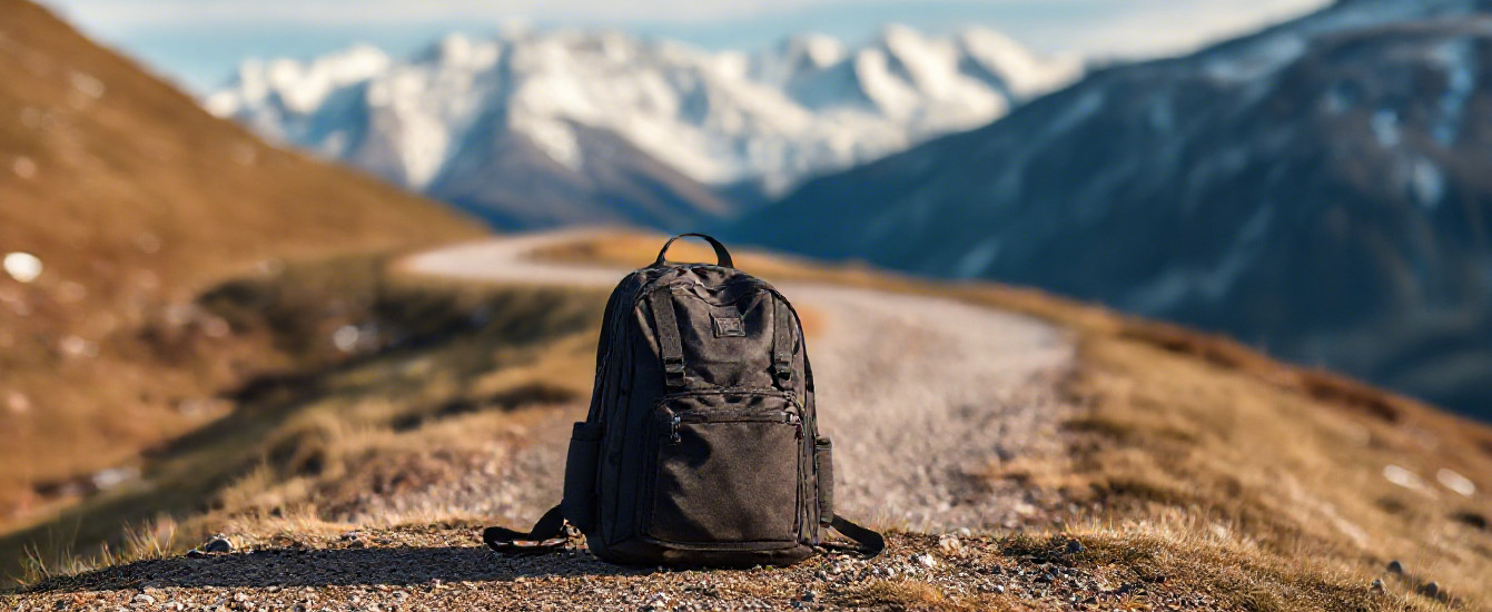 Ein leichter Rucksack am Rand eines Weges, dahinter Natur und Berge, KI-generiertes Bild