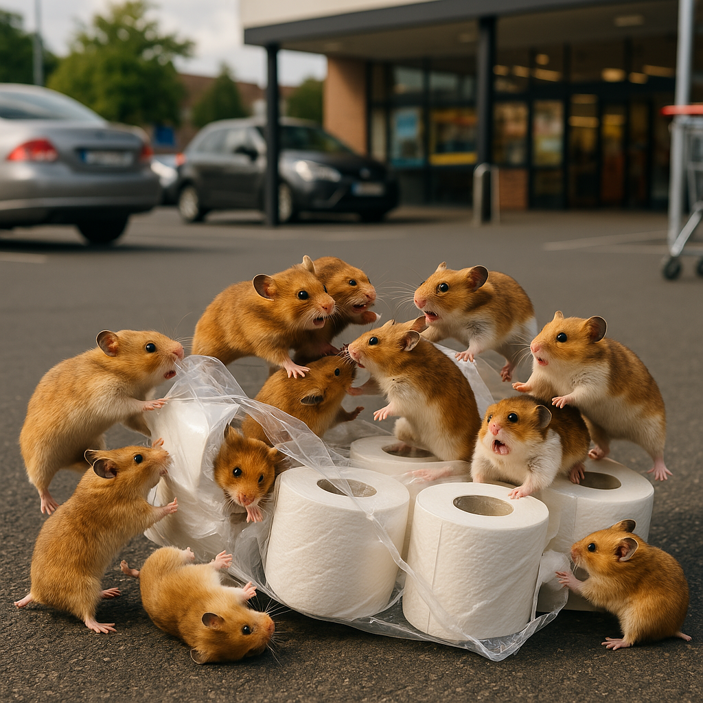 Zehn Hamster kämpfen auf einem Supermarkt-Parkplatz um eine Packung Klopapier