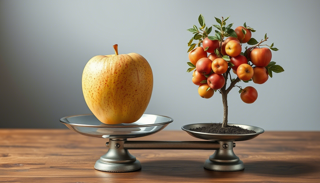 Eine Waage, in der einen Waagschale ein großer Apfel, in der anderen ein ganzer Apfelbaum, KI-generierter Inhalt