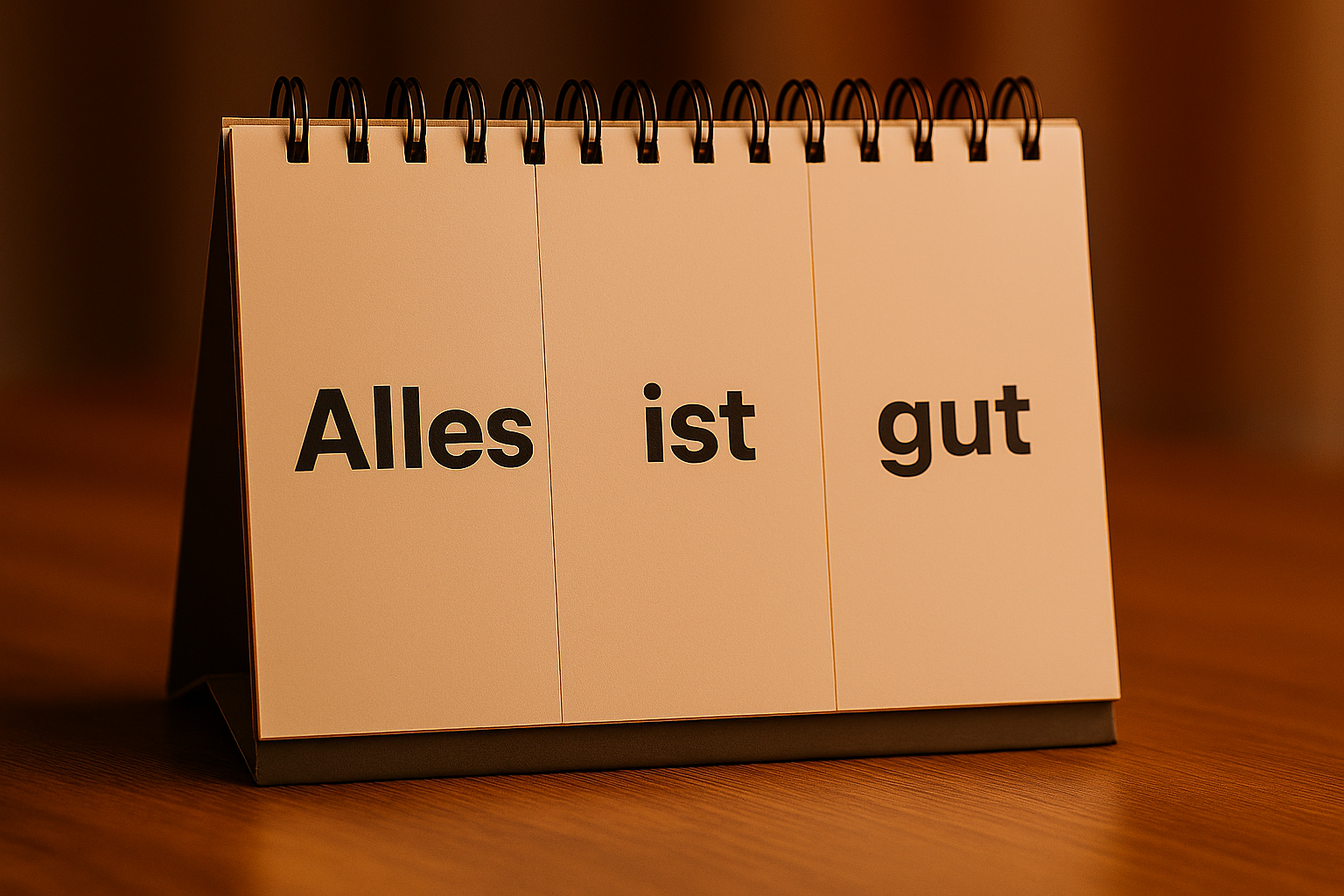 Ein Aufstellkalender, der drei vertikal geteilte Blätter zeigt, mit der Aufschrift Alles ist gut