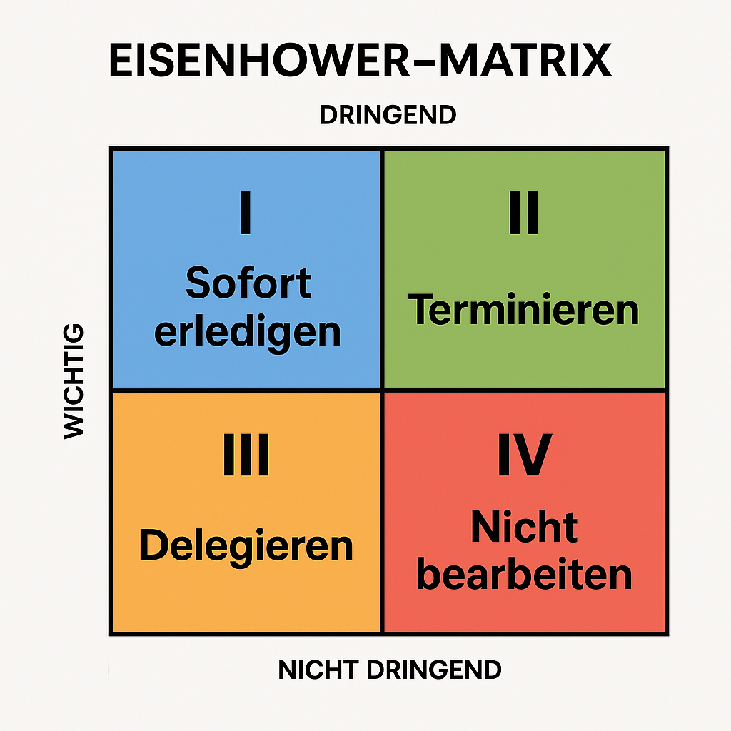 Eisenhower-Matrix mit vier Feldern: Sofort erledigen, Terminieren, Delegieren, Nicht bearbeiten; KI-generierter Content