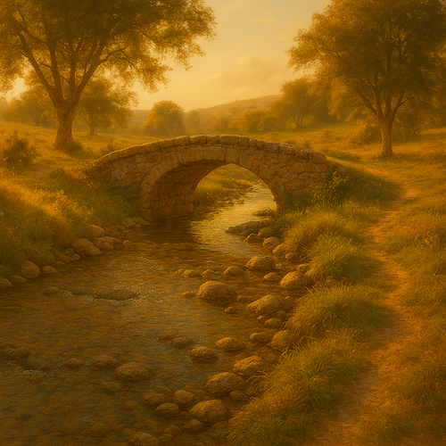 Eine Steinbrücke über einen Bach in einer bukolischen Landschaft, warme Farben, Nachmittagssonne, romantische Stimmung, keine Menschen, KI-generierter Inhalt