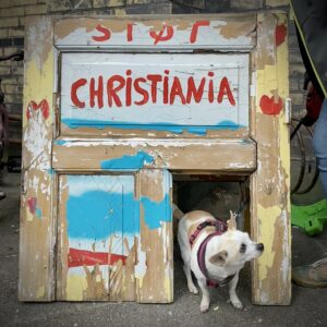 Eine alte Tür mit der Aufschrift Christiania, darin ein Chihuahua